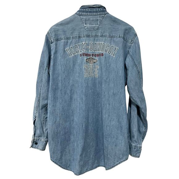 Harley Davidson Vintage Denim Button Up V-Twin Power Embroidered Pocket Mens M - Picture 1 of 6